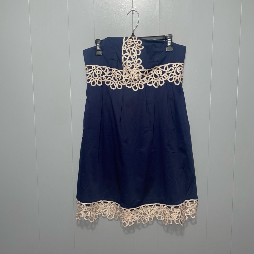 Lilly Pulizter Strapless Navy Dress with Gold Detail Trim Size 4